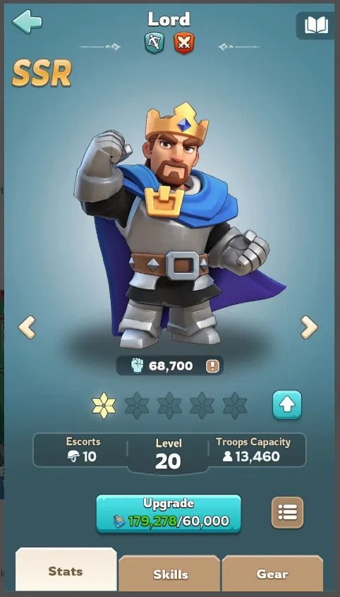 Official Kingshot hero screen showing a lord and hero upgrade controls